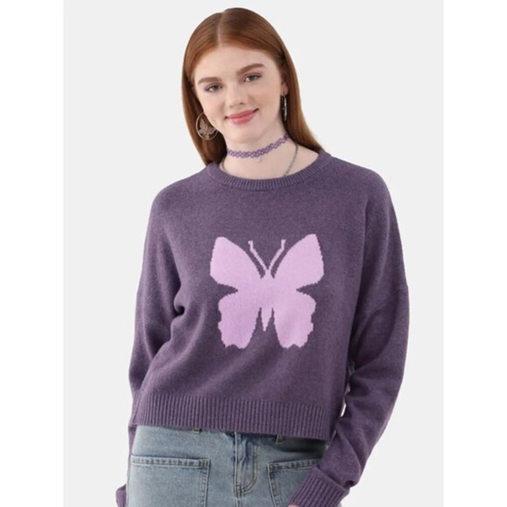 No Boundaries Butterfly Icon Relaxed Fit Chunky Crew Neck Sweater M Purple/Pink